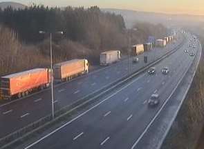 Lorries queueing on the approach to Eurotunnel