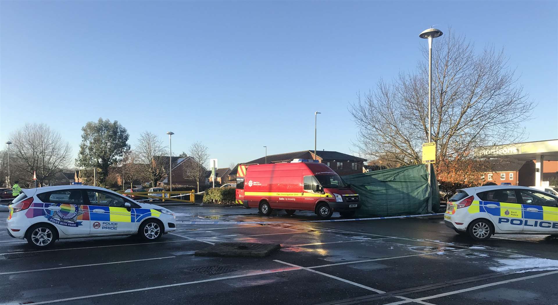 Emergency services at the scene of a fatal car fire at the Morrisons in Maidstone