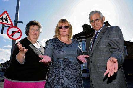 From left, Marion Glass, Diane Askew and Ted Jordan, on Halfway Road with one of the no right turn signs opposite Lynsted Road