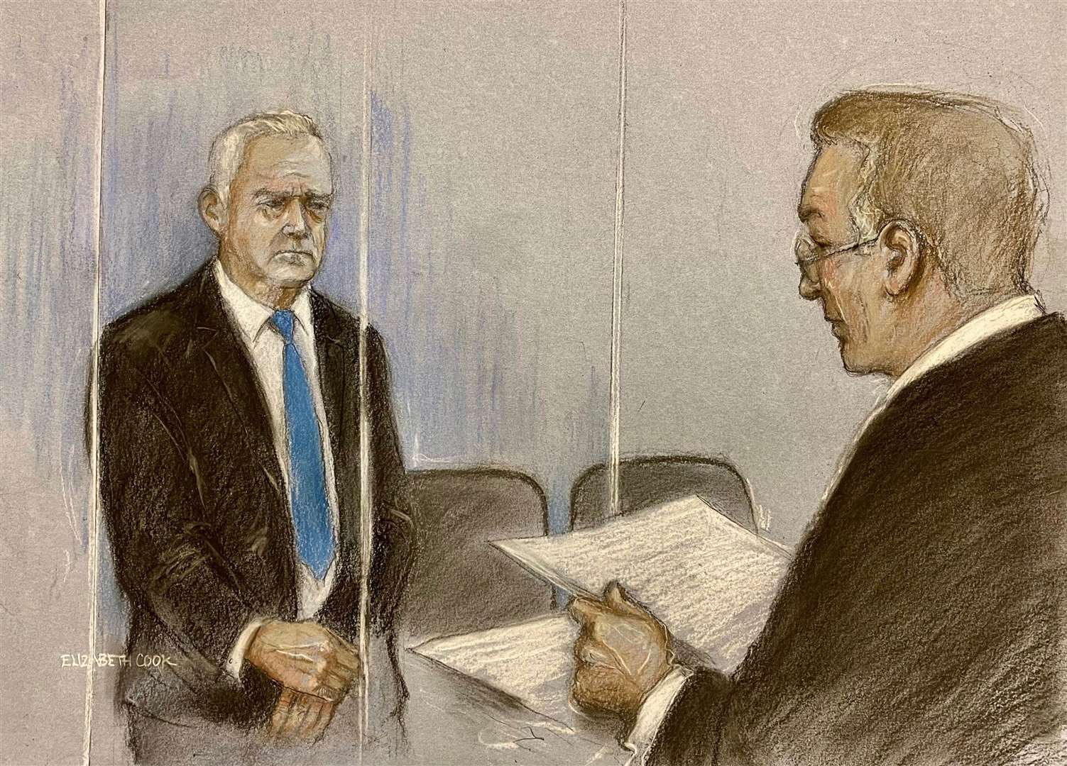 A court artist drawing showing Huw Edwards appearing at Westminster Magistrates’ Court (Elizabeth Cook/PA)