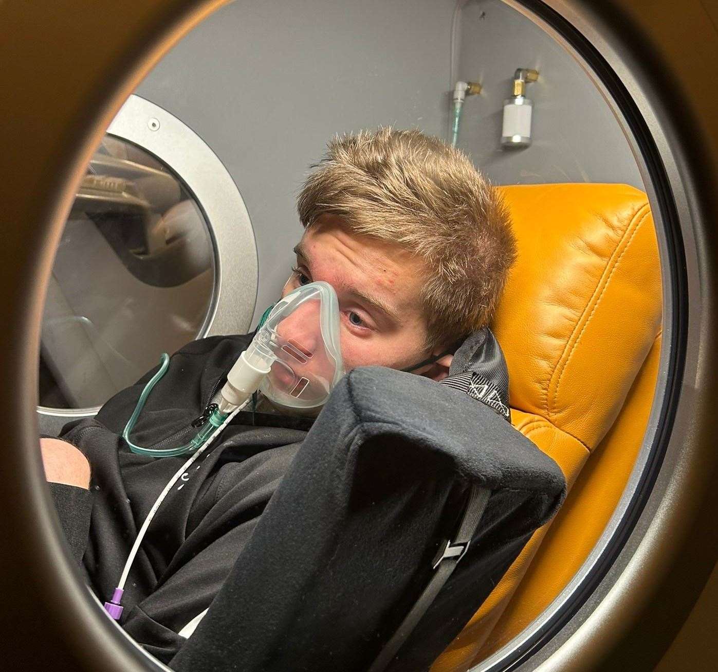 Jack Dolan in the hyperbaric chamber which was bought through donations made by thousands of people. Picture: David Dolan,