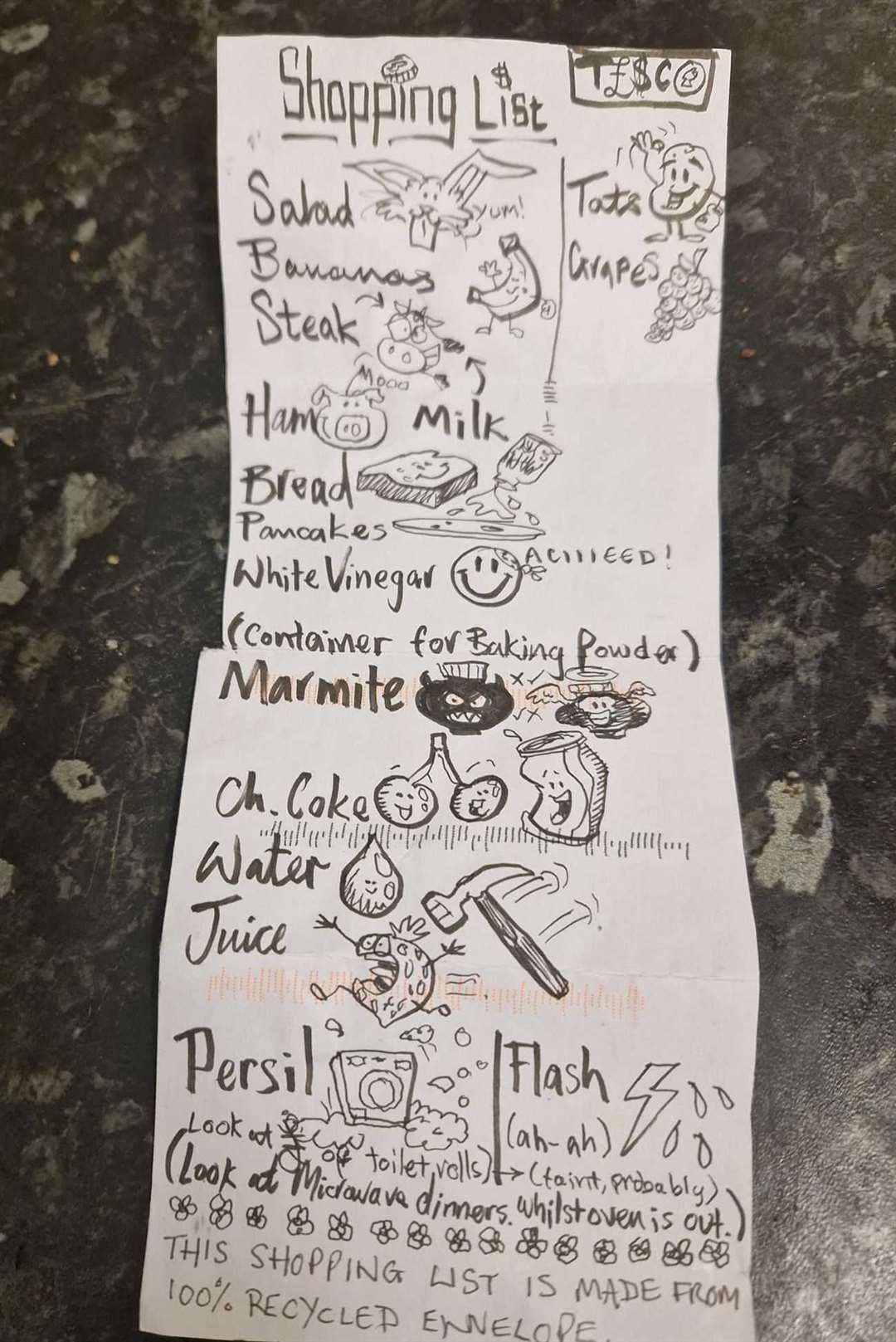 Dean Perry's hilarious shopping list which was discovered at the Tesco Superstore in Manston Road, Ramsgate. Picture: Chantelle Parker