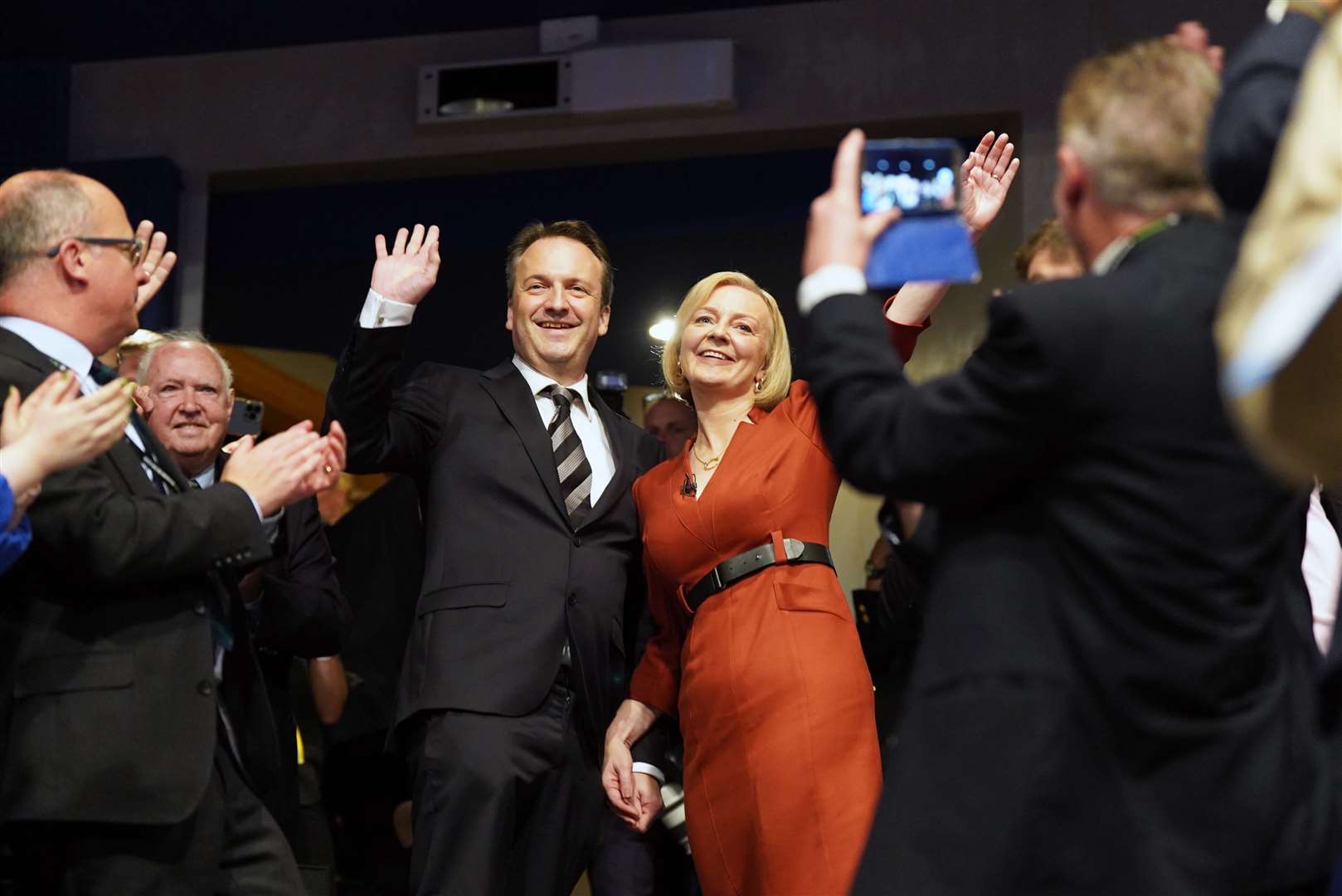 Liz Truss with husband Hugh O’Leary after she delivered her keynote speech at the Conservative Party conference (Jacob King/PA)