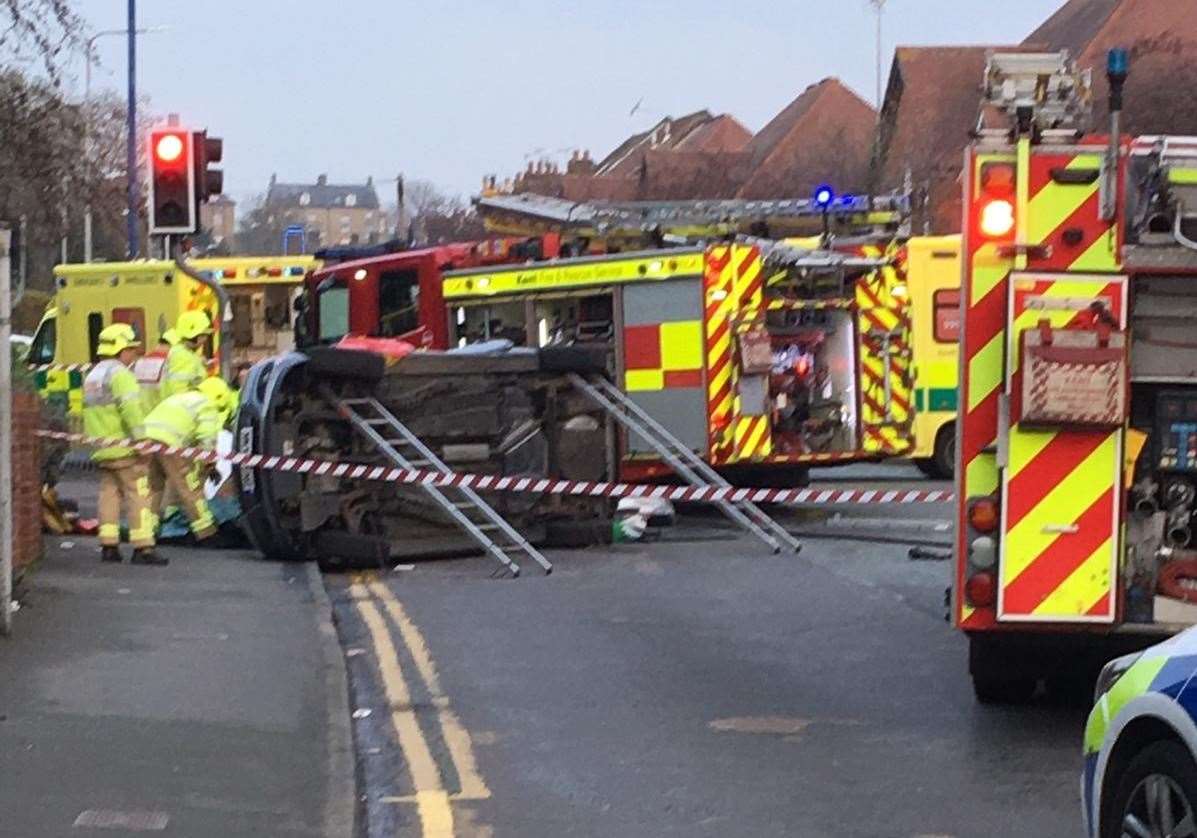 Driver Cut Free From Overturned Car On Old Road West In Gravesend