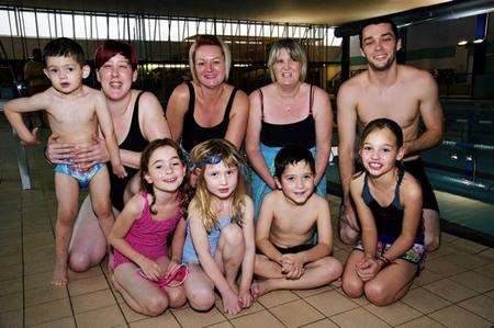 At back, from left, Oliver Smith and mum Natalie, Julie Wallace, Denise Telford and lifeguard Nick Willott, and children at front, Daisy Hollands, Gracie Hollands, Bailey King and Lily Jefferies