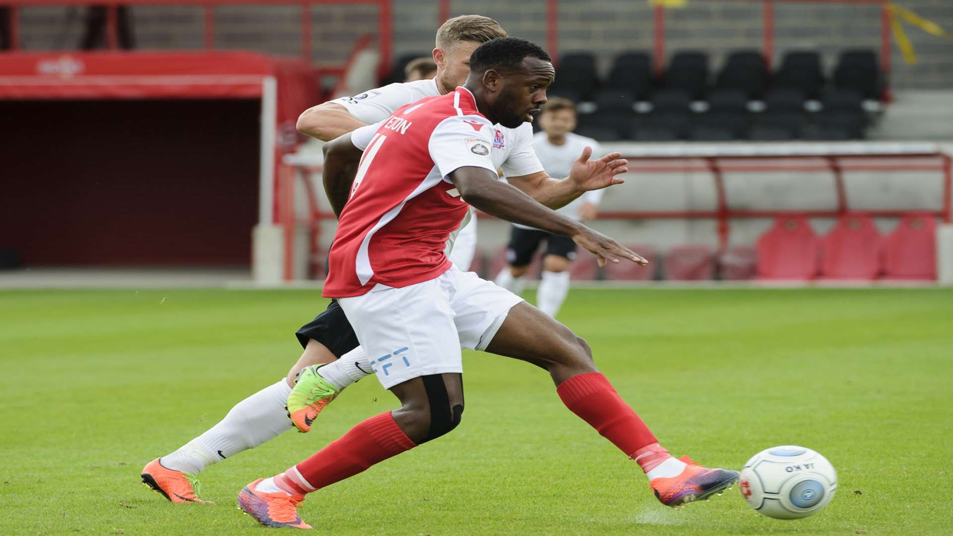 Myles Weston presses forward against AFC Fylde. Picture: Andy Payton