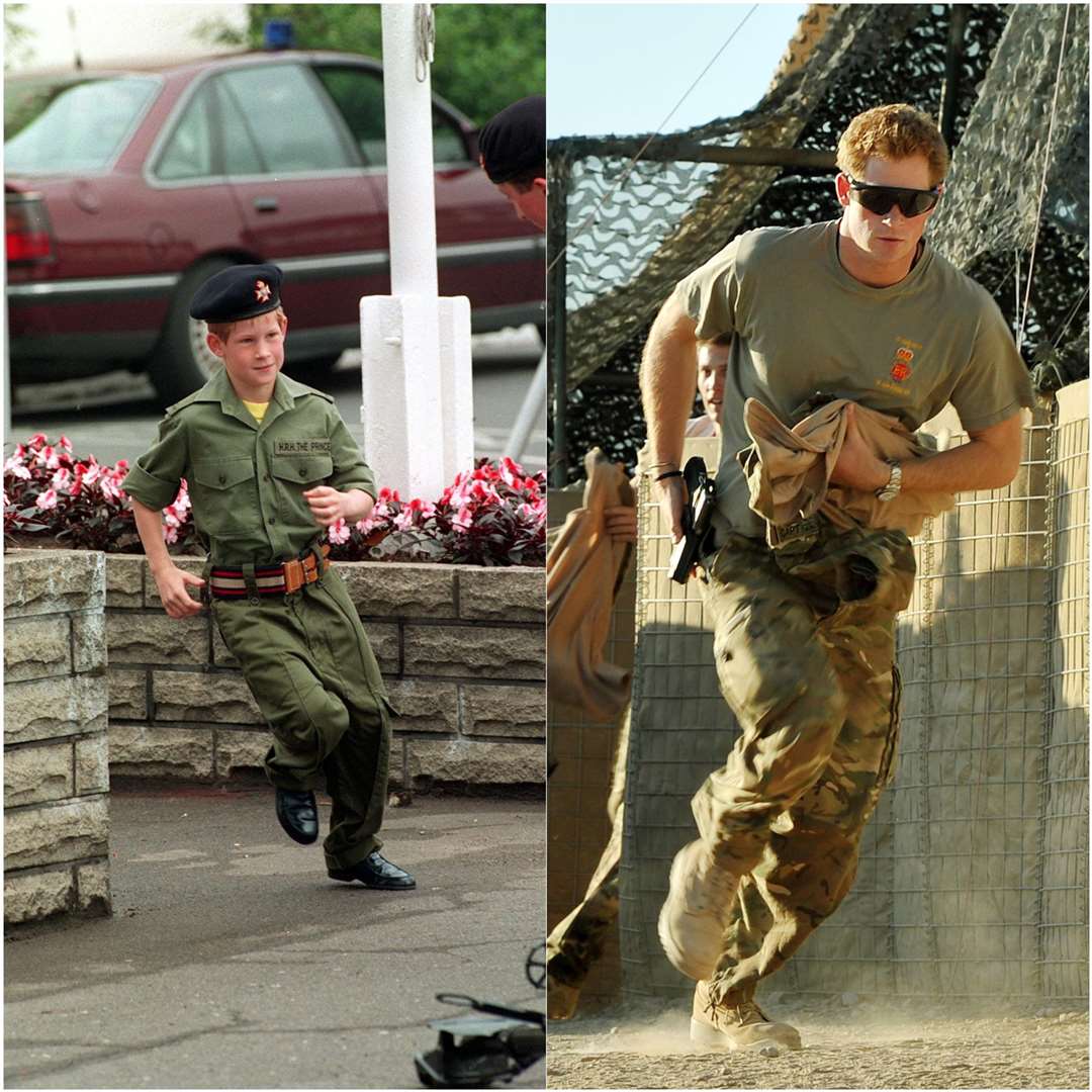 Eight-year-old Harry as a mini soldier in 1993 and in 2012 serving on the frontline in Afghanistan (Martin Keene & John Stillwell/PA)