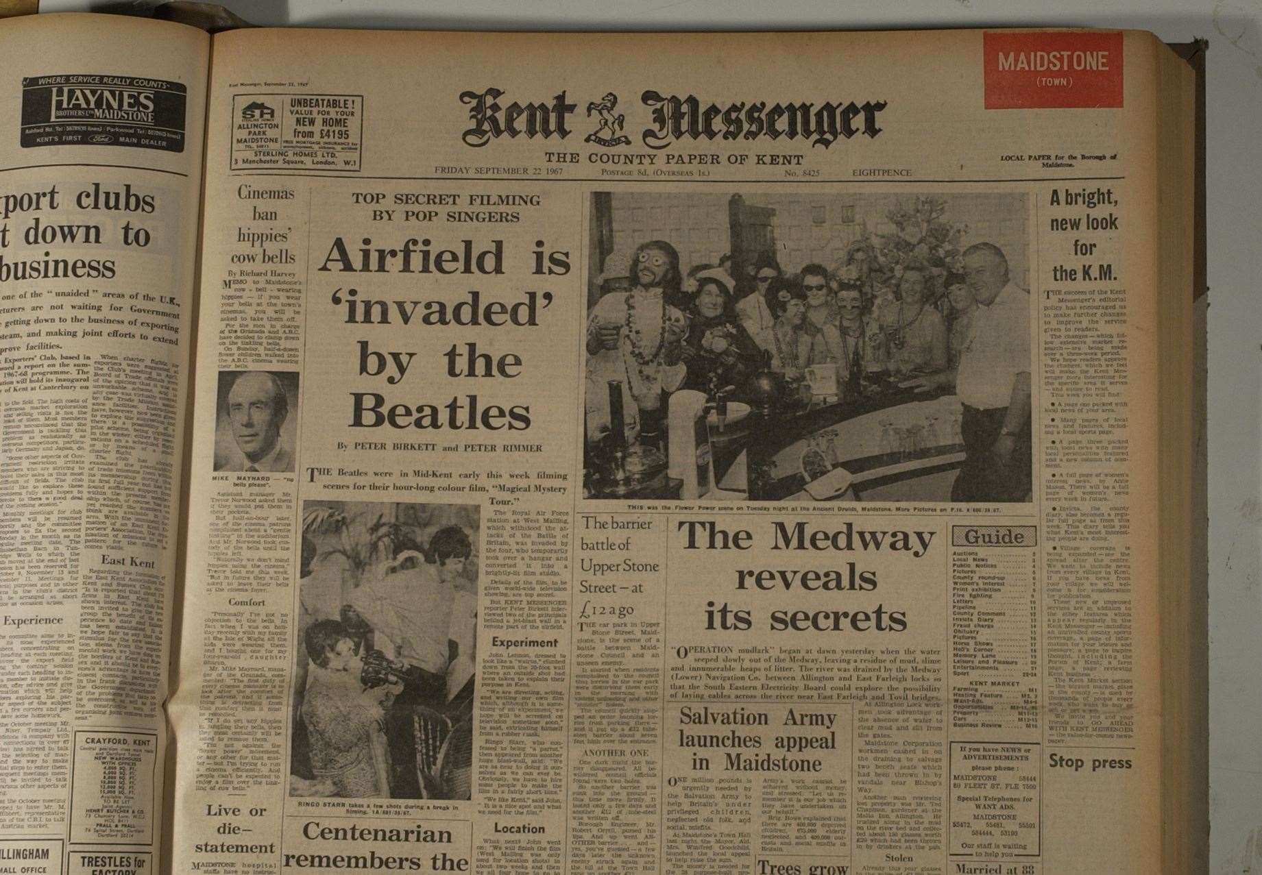 The front page of the Kent Messenger reports on the Beatles' arrival in West Malling in 1967