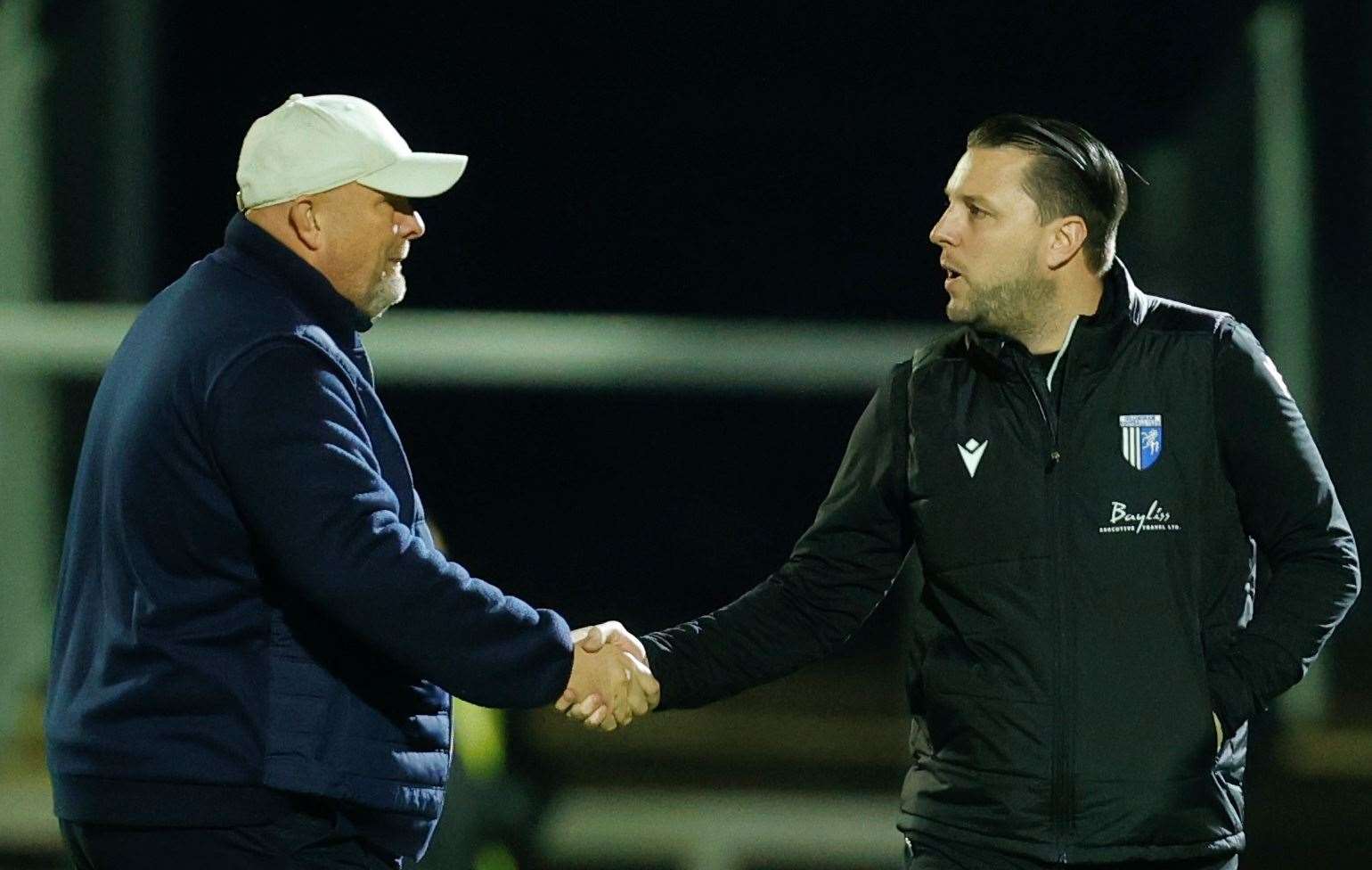 Bromley manager Andy Woodman and his Gillingham counterpart Mark Bonner when they last met Picture: @Julian_KPI