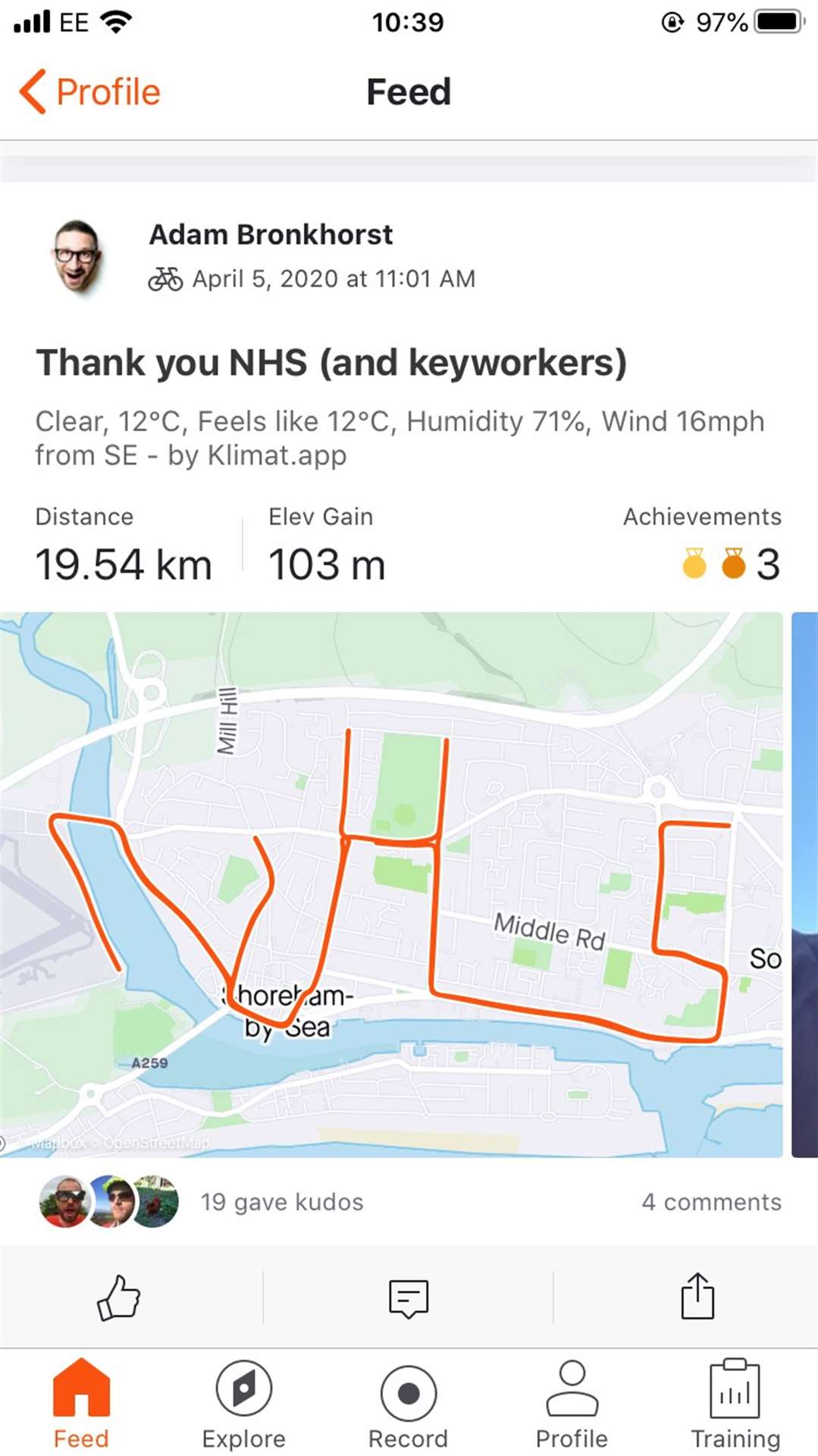 Mr Bronkhorst has paid tribute to healthcare workers by creating a cycle route spelling out NHS across his town on a fitness app.