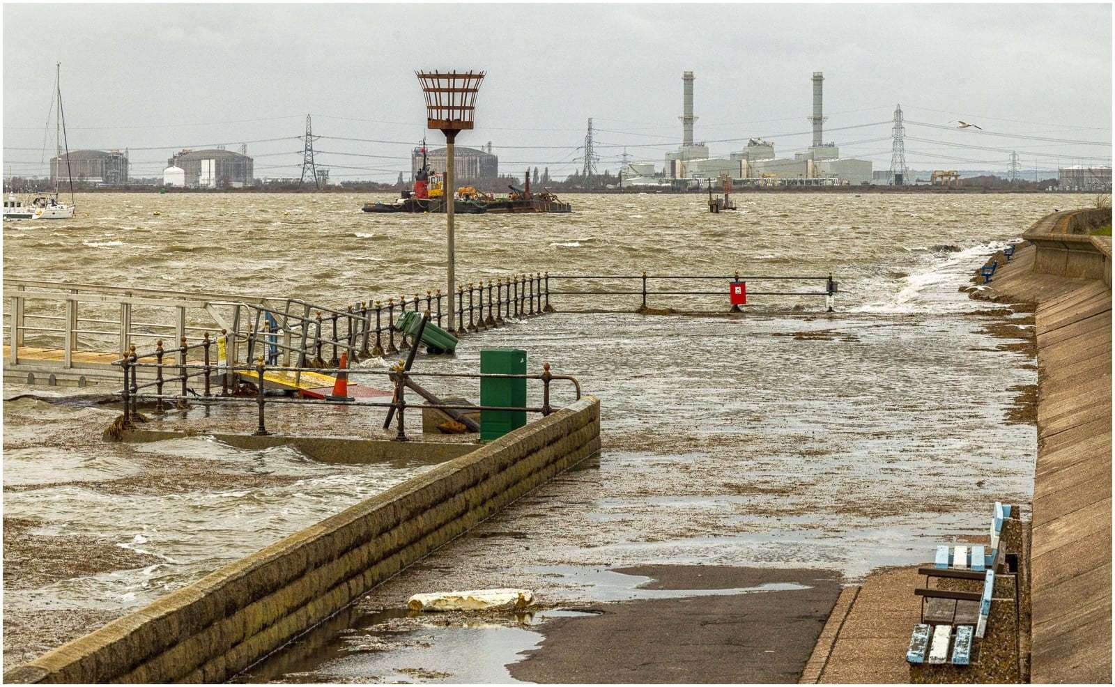 High tide covers Crundall's Wharf at Queenborough in February. Picture: Henry Slack