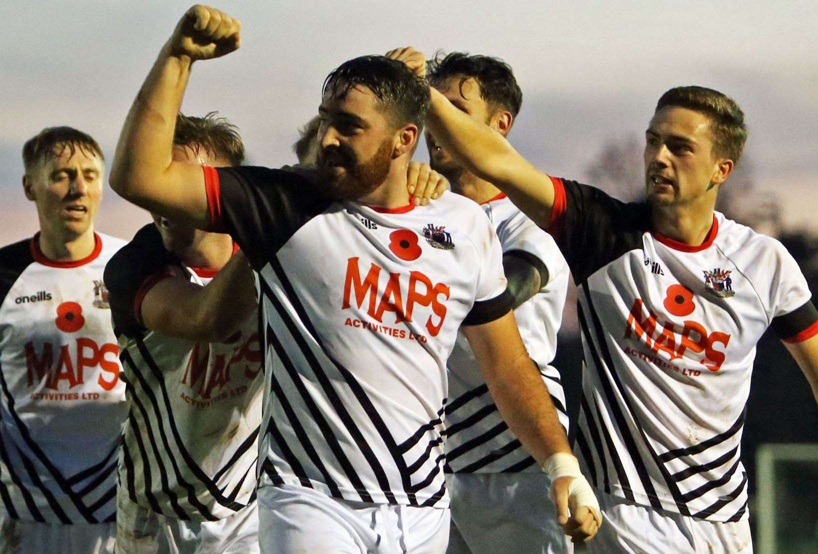 Deal Town striker Connor Coyne celebrates scoring in the FA Vase win at Phoenix Sports. Picture: Paul Willmott