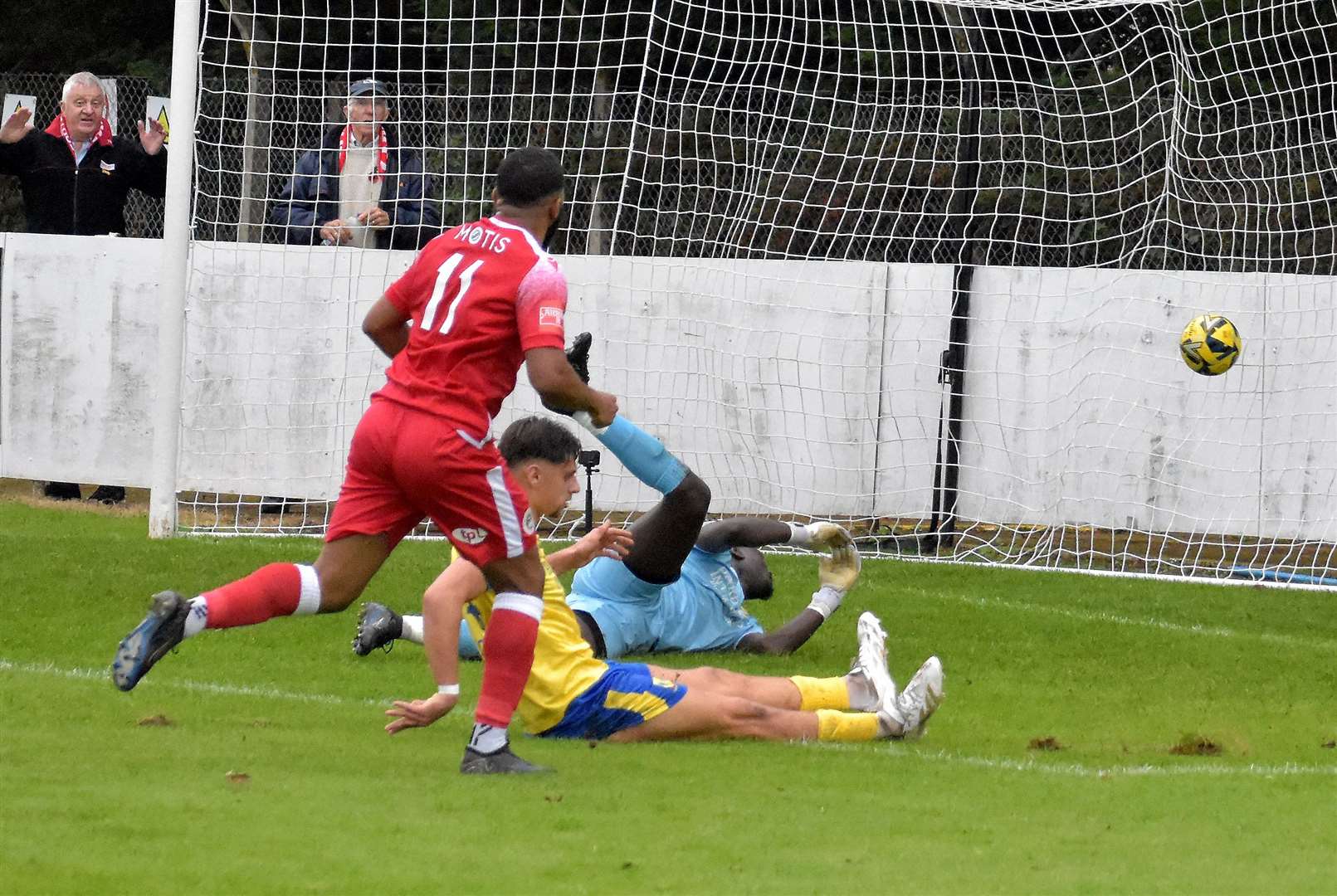 Ellis Brown scores on his Hythe Town debut. Picture: Randolph File