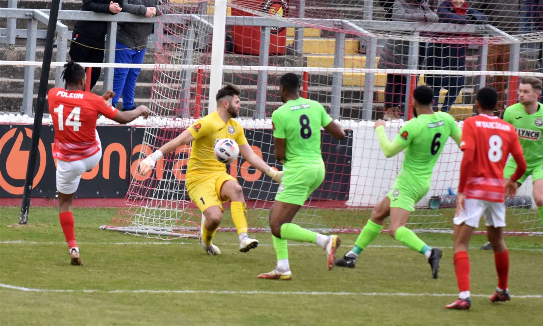 Ebbsfleet striker Dominic Poleon is thwarted by Hemel Hempstead keeper Craig King in the first half. Picture: Ed Miller/EUFC