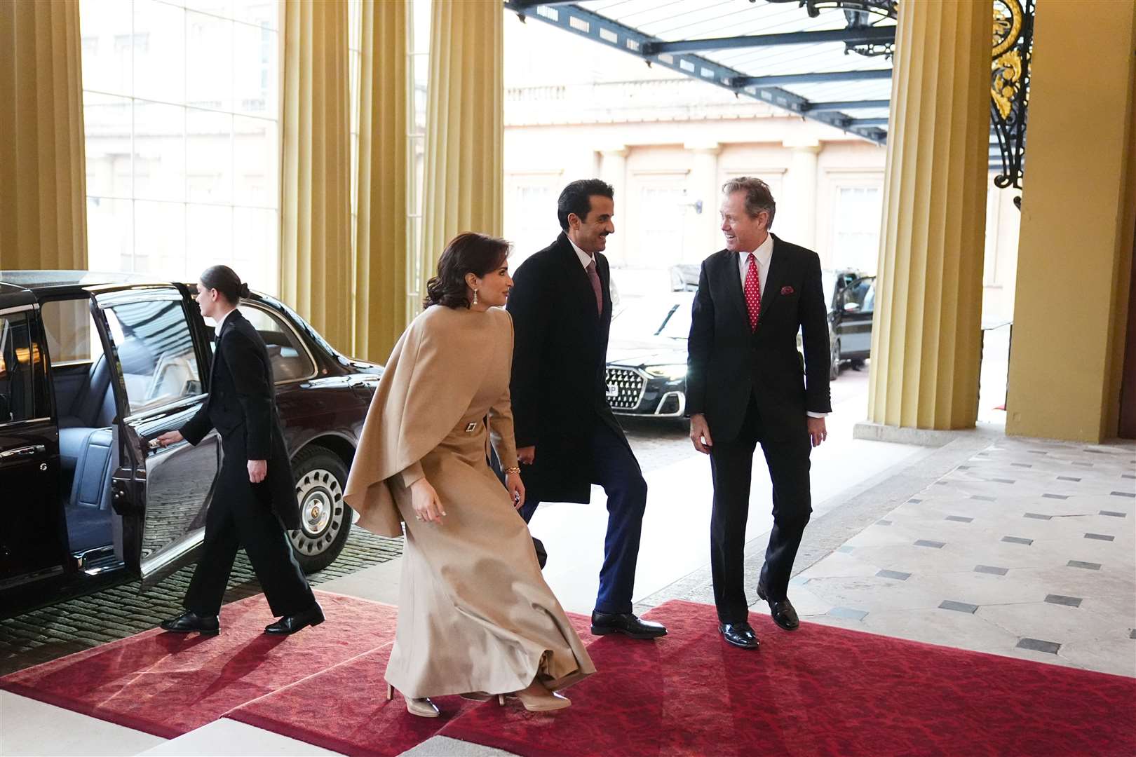 The Emir of Qatar Sheikh Tamim bin Hamad Al Thani and his wife Sheikha Jawaher arrive at Buckingham Palace to formally bid farewell to the King and Queen (Aaron Chown/PA)