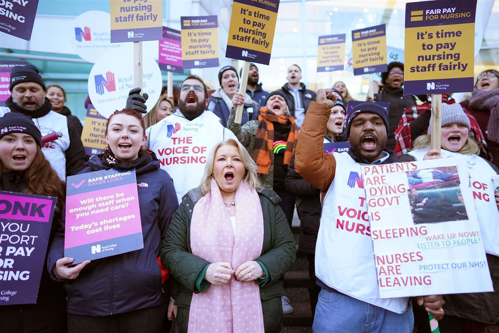 Royal College of Nursing chief executive Pat Cullen joins members on the picket line outside University College Hospital (Stefan Rousseau/PA)