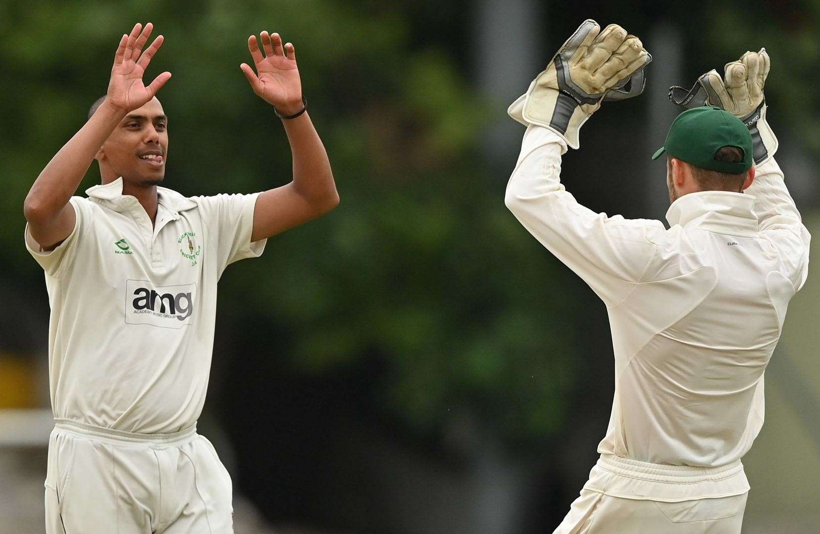 Blackheath's Jahid Ahmed celebrates the wicket of Finlay Baker. Picture: Keith Gillard