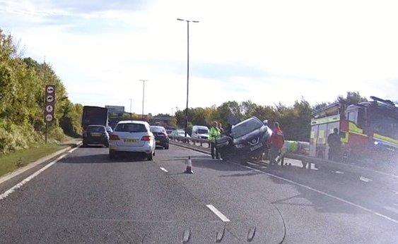 A car ended up on the central reservation near the Medway Tunnel. Picture @InstructorGeoff