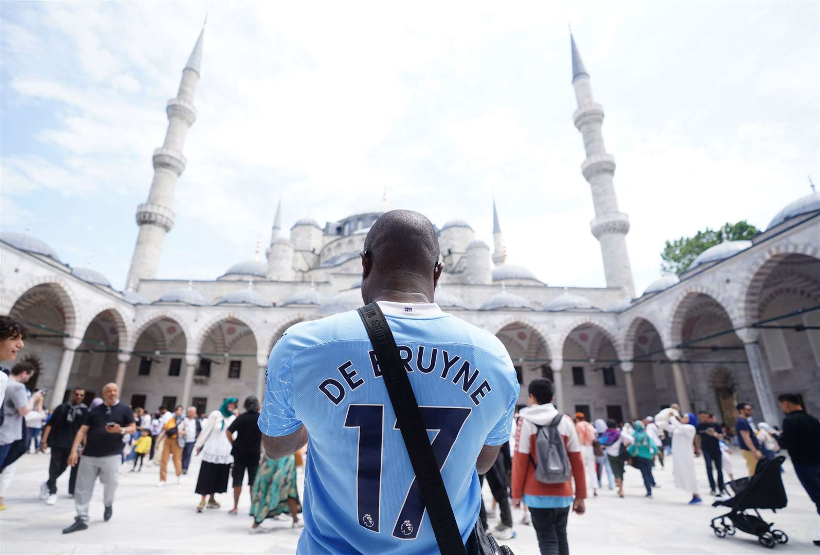 Manchester City fans at the Blue Mosque in Istanbul, ahead of Saturday’s Champions League final between Manchester City and Inter Milan (James Manning/PA)