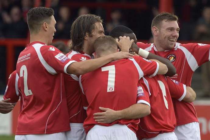 Stacy Long (8) is mobbed after opening the scoring (Pic: Andy Payton)