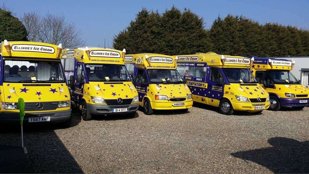 The fleet of Ellinor's Ice Cream vans which often park near schools