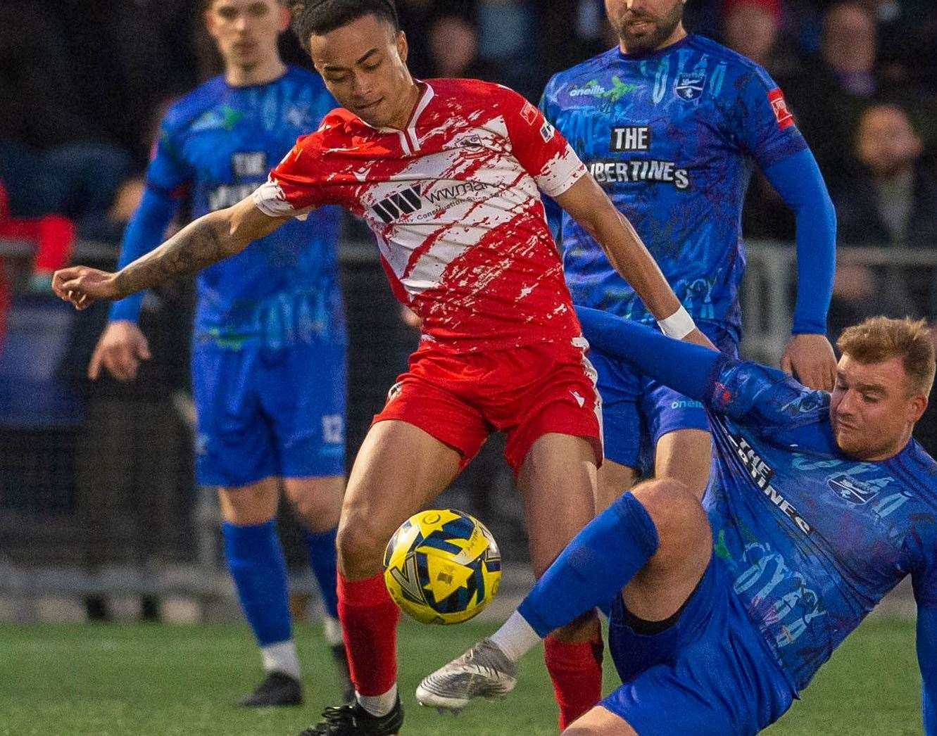 Margate midfielder Sam Blackman – gave them a lead against Hastings last Tuesday before they fell to a 2-1 defeat at Hartsdown Park. Picture: Ian Scammell