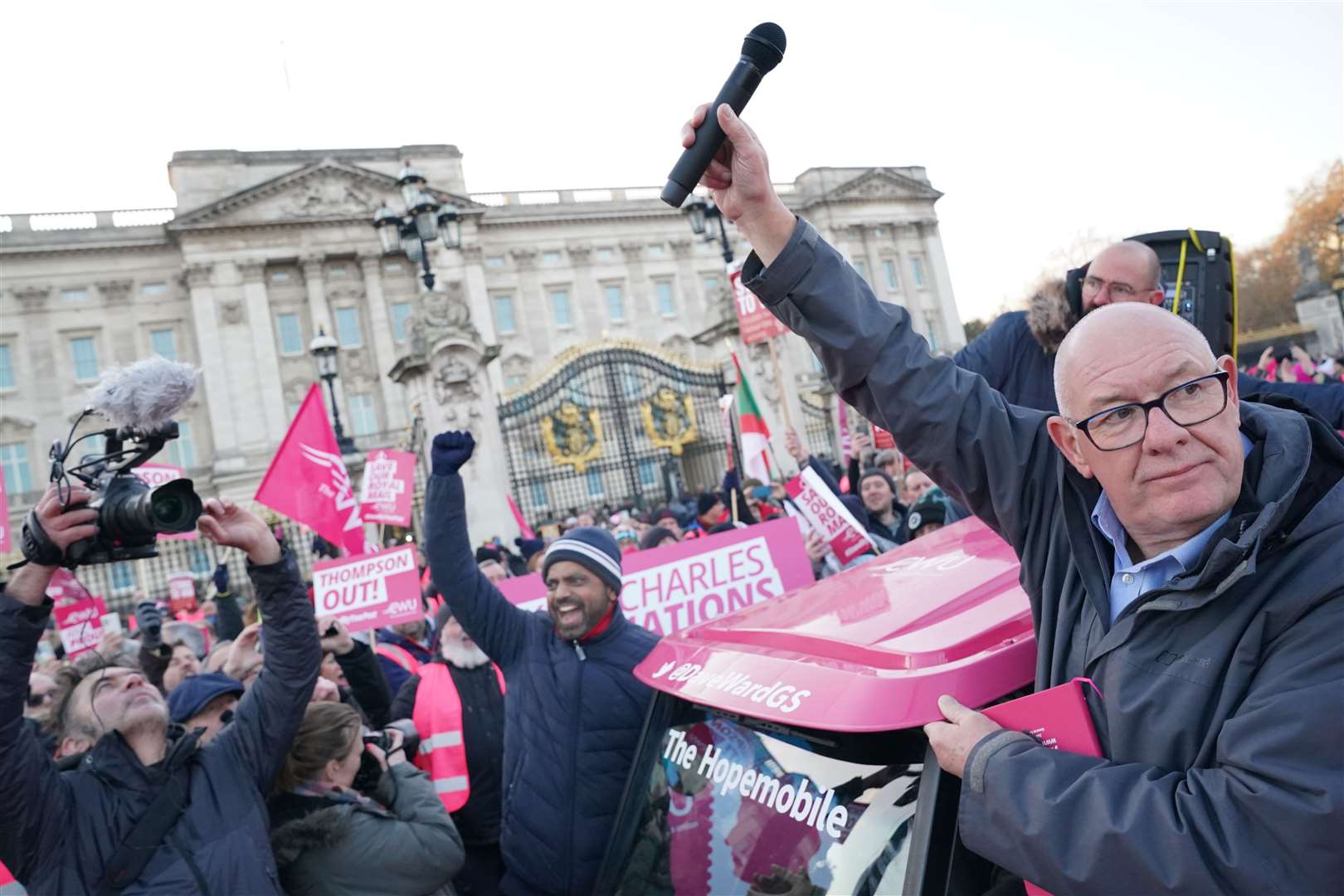 Dave Ward, general secretary of the Communication Workers Union (CWU) during a protest (Jonathan Brady/PA)