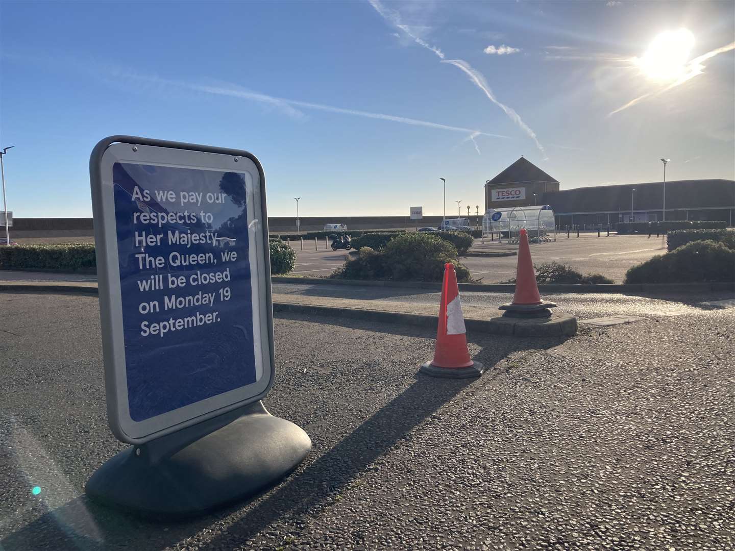 Tesco in Sheerness shut and coned off to mark the Queen's funeral. Picture: John Nurden