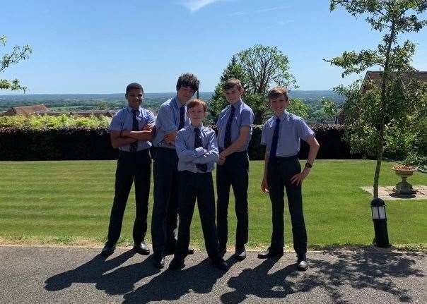 (From left) Zachary Stanley-David, 13, Alexander Edward-Mathews, 14, Ollie Walker, 13, George Slater, 13, and Angus Brown, 13, are aiming to get a rocket into space. Picture: Kristy Stanley