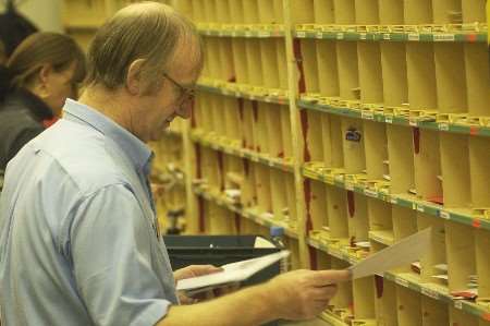 Mail being sorted at Royal Mail's Tonbridge sorting office ready for delivery