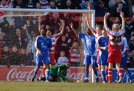 Jason Brown begins his protests after Doncaster's opener. Picture: MATTHEW READING