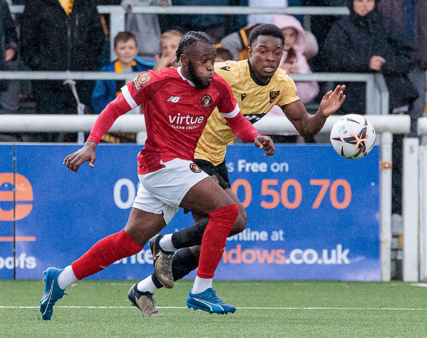 Raphe Brown tracks ex-Stones team-mate Jephte Tanga during the 3-0 FA Cup win over Ebbsfleet Picture: Helen Cooper