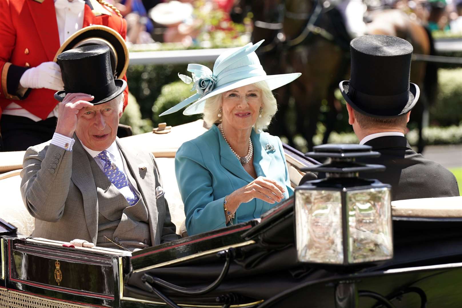 The Prince of Wales, Duchess of Cornwall and Peter Phillips arriving by carriage at Royal Ascot. Aaron Chown/PA