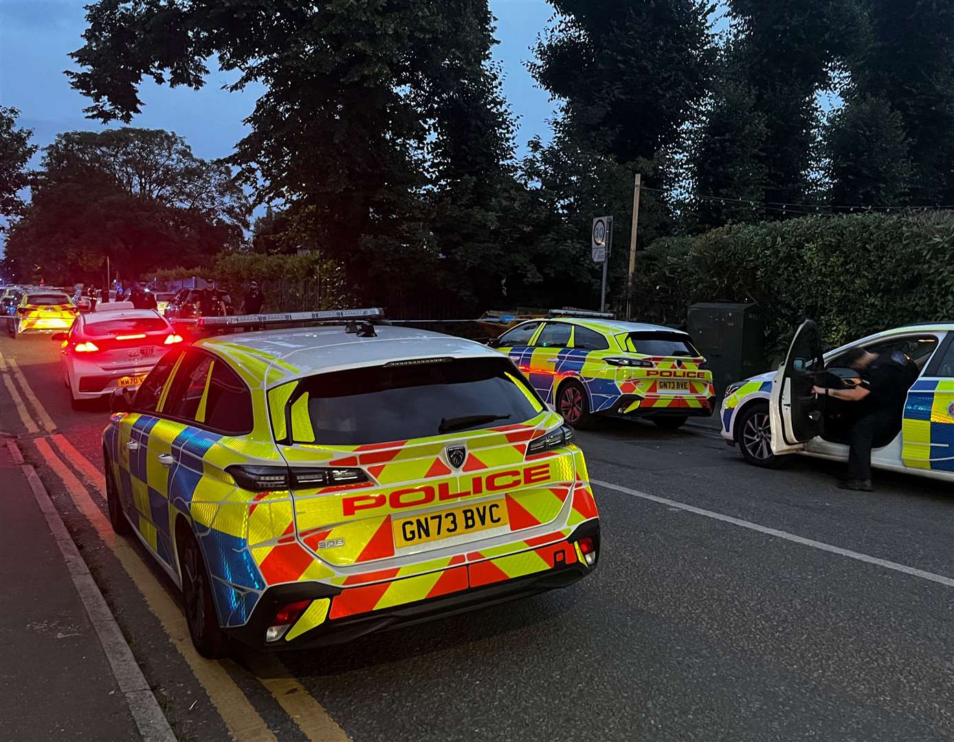 Police cars line the street in Gravesend the night of the attack