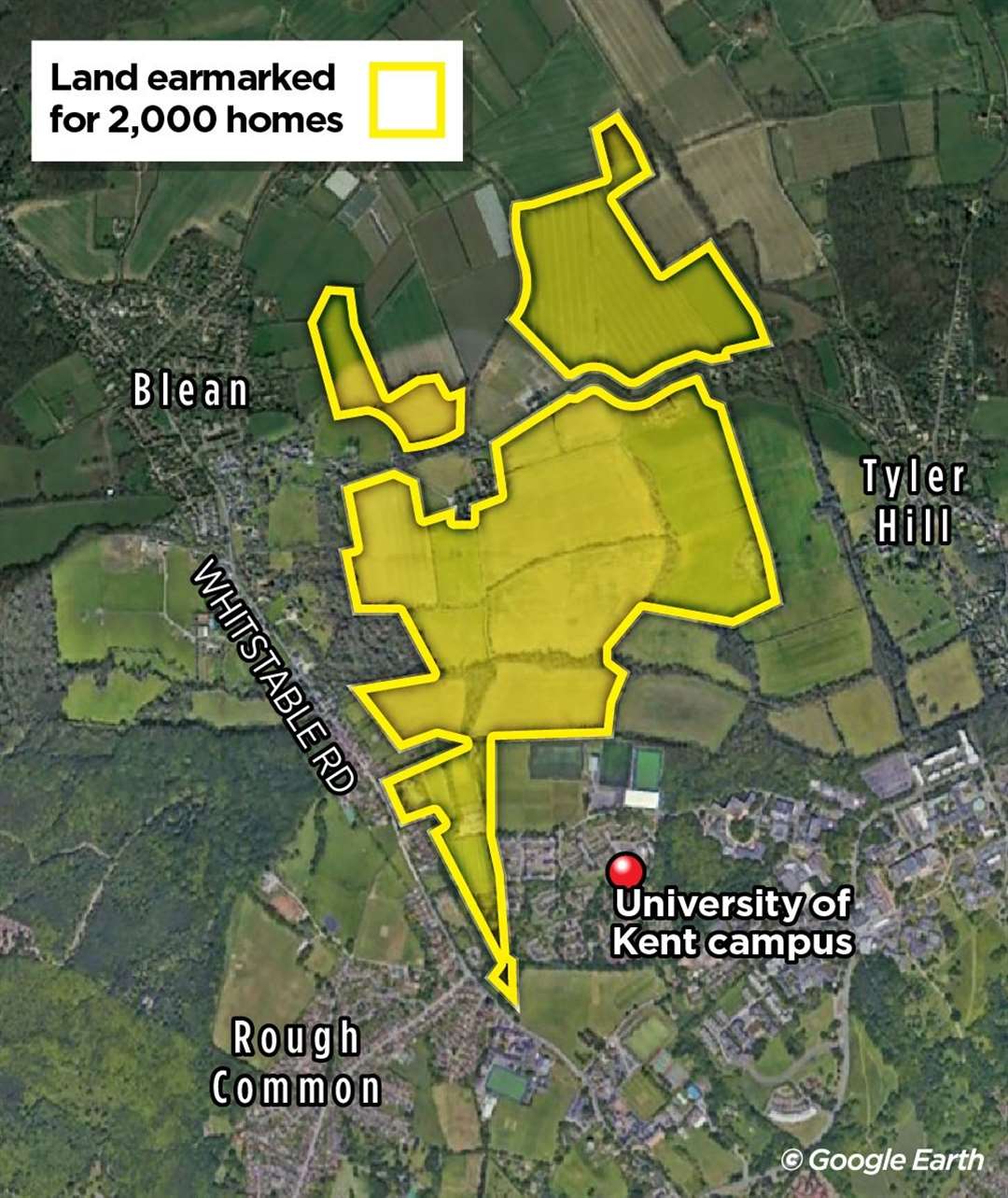 The land north of the University of Kent that has been earmarked for a 2,000-home rural settlement