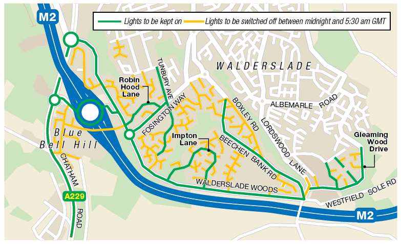 Where the street lights have been turned off by KCC in Walderslade.