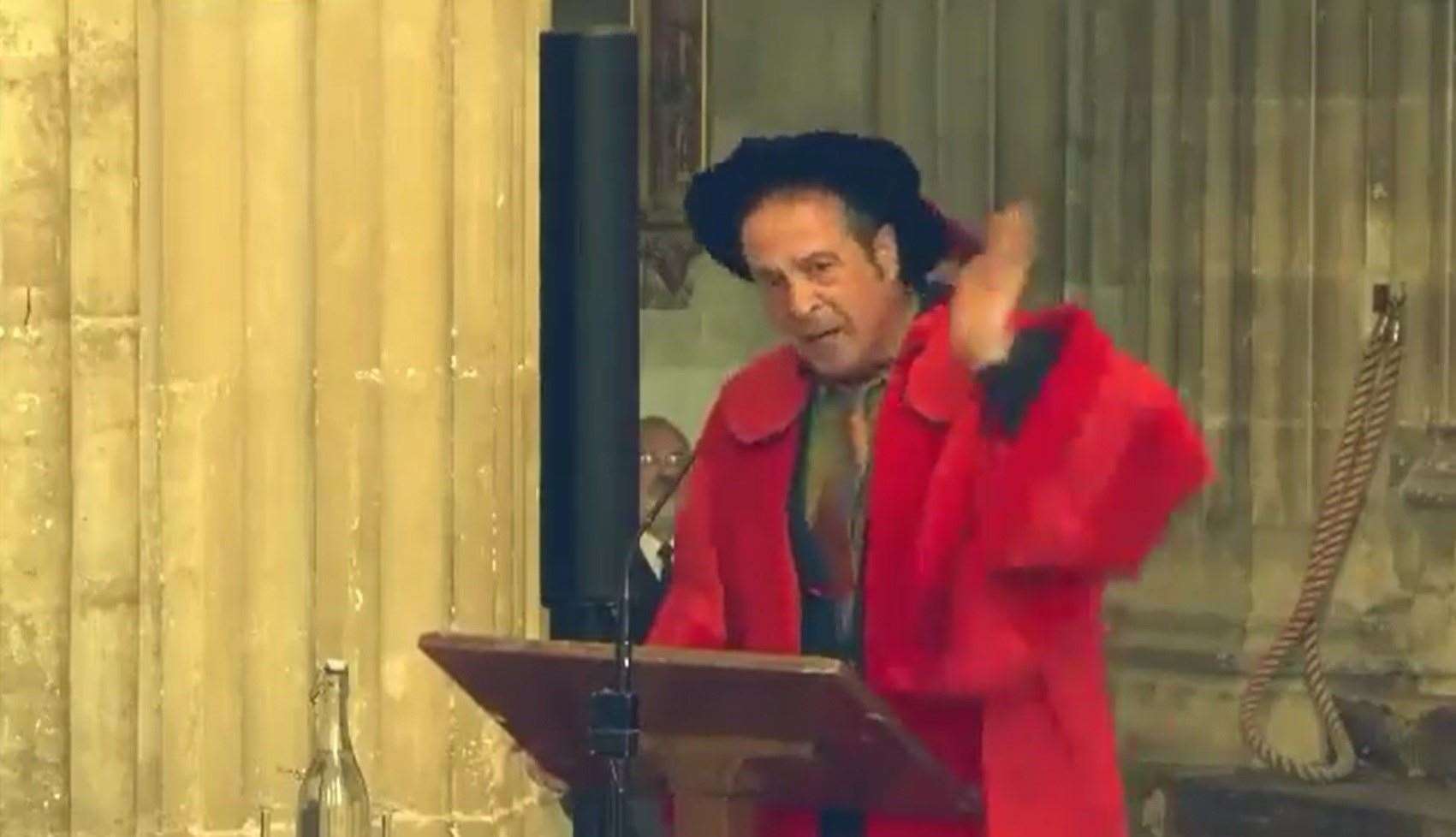Comedian Mark Thomas thumping the lectern during his Boris-bashing speech at Canterbury Cathedral. Picture: Twitter
