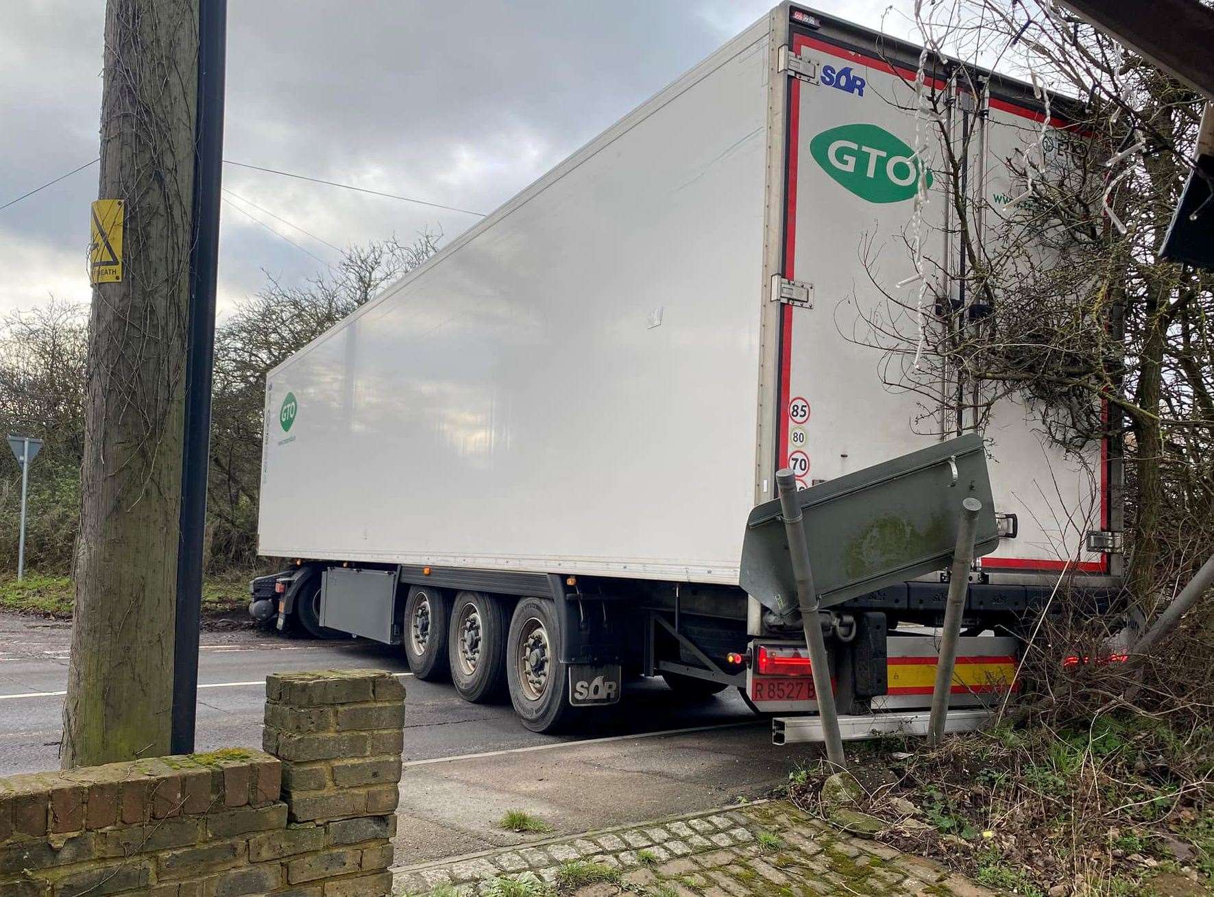 The jackknifed lorry in London Road, A2, at the junction with Nouds Lane, Teynham