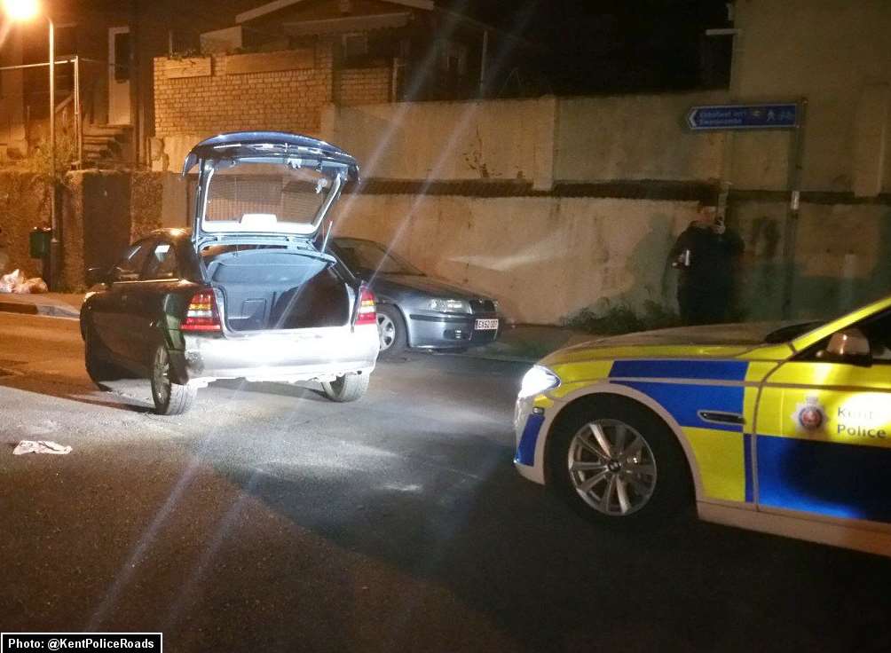 The driver pursued by police hit a parked car in Station Road, in Northfleet. Courtesy of Twitter, @KentPoliceRoads