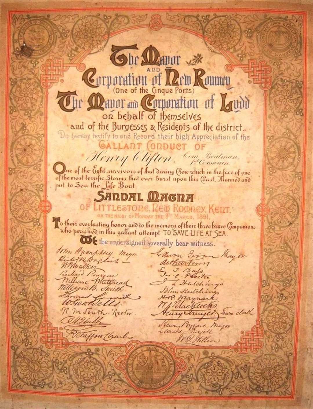 Mayors certificate given to the crew of the Sandal Magna