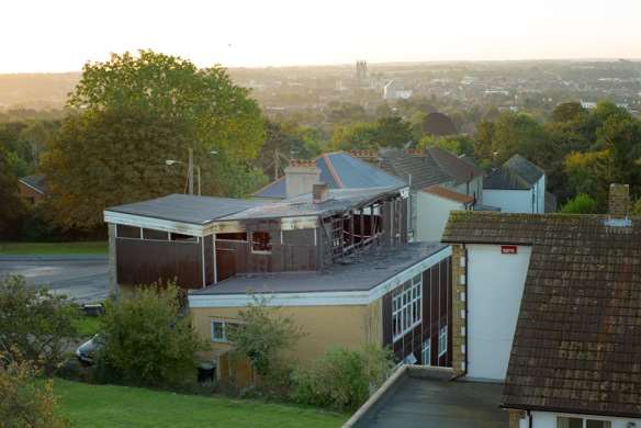 The aftermath: the university building is badly damaged by fire. Picture: Mark Jacobs