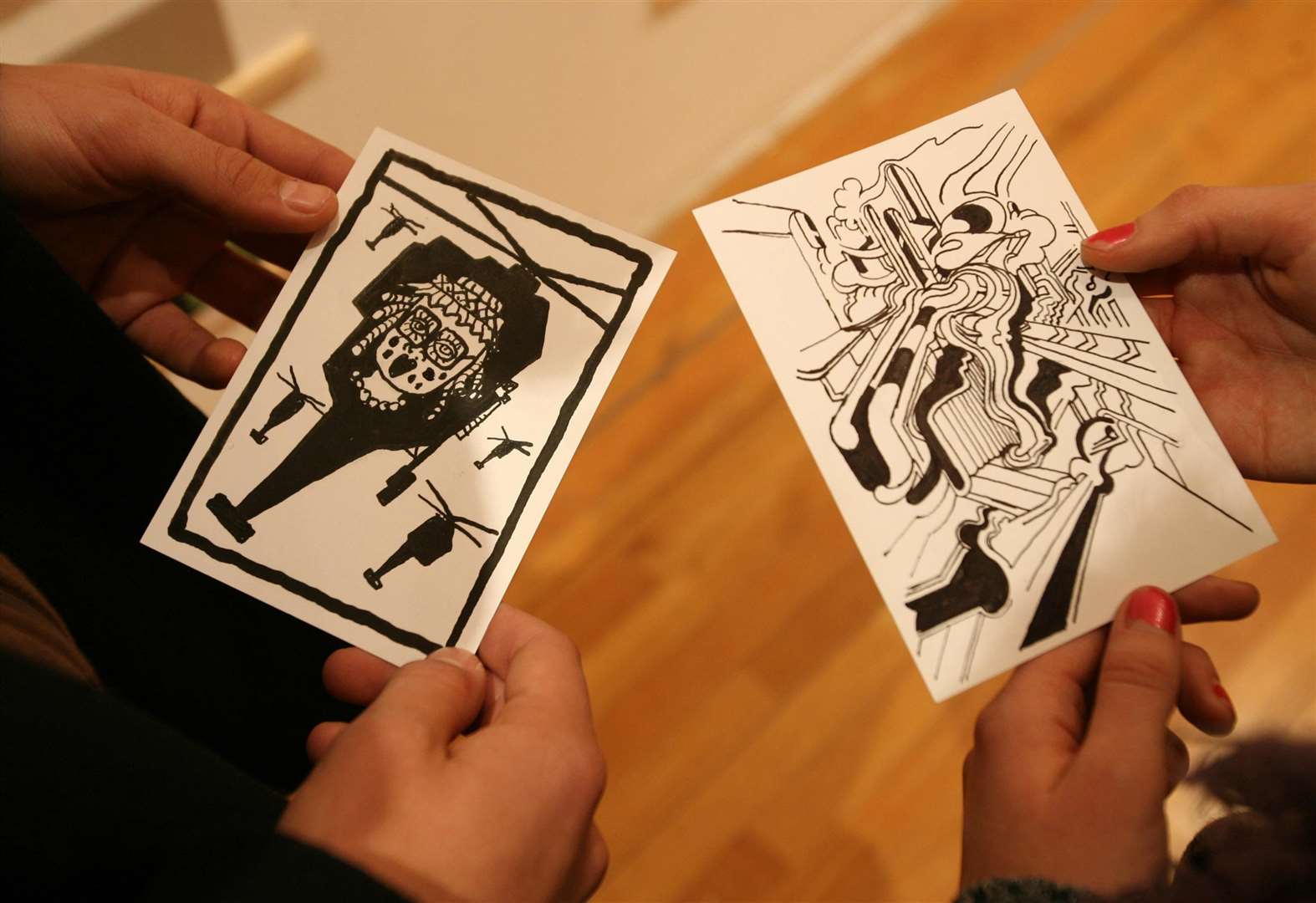 Drawings by artists Derek Boshier (left) and Dan Stewart (Johnny Green/PA)