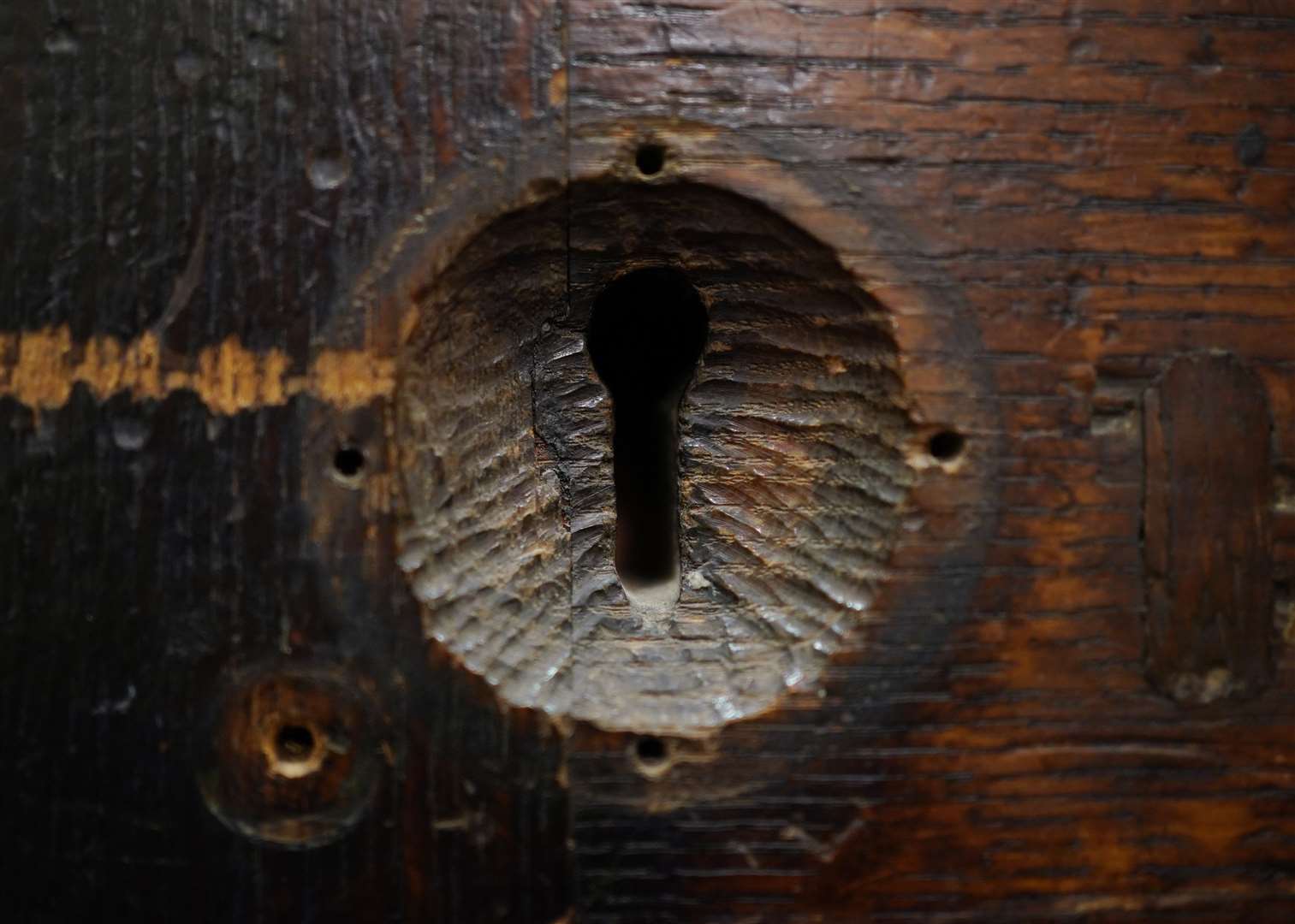 Detail of the keyhole of the Newgate Prison door, described by Charles Dickens as a heavy oaken gate, bound with iron, studded with nails guarded by a turnkey (Yui Mok/PA)