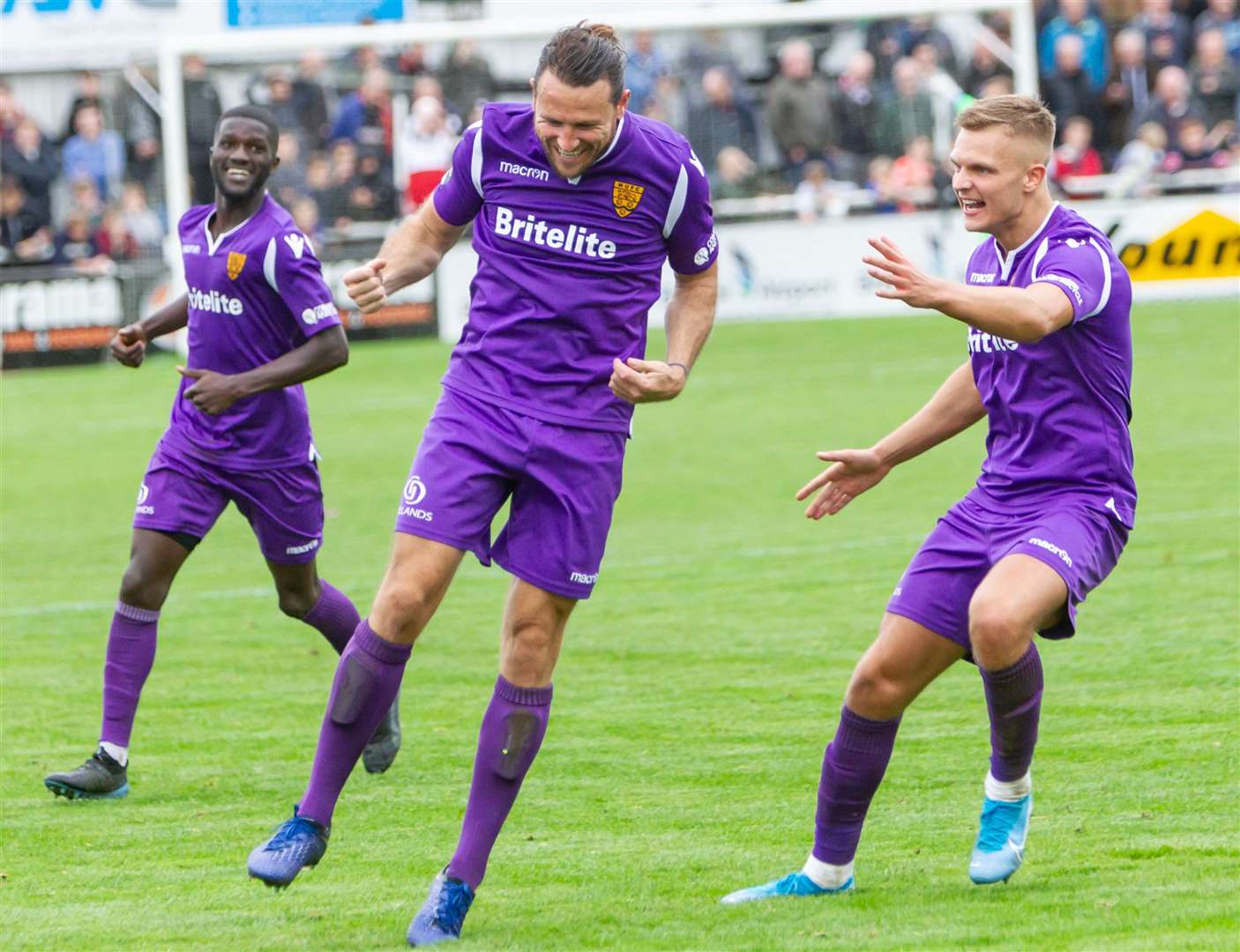 Ross Marshall celebrates with Maidstone goalscorer Ryan Johnson at Bath Picture: Helen Cooper