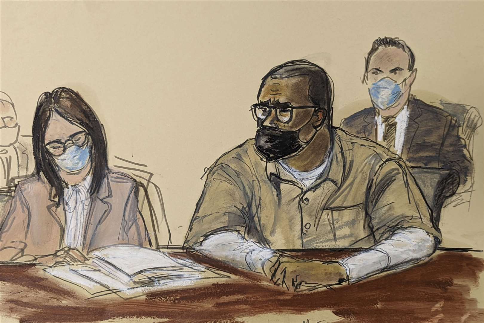 R Kelly and his lawyer Jennifer Bonjean, left, were sketched in court (Elizabeth Williams/AP)