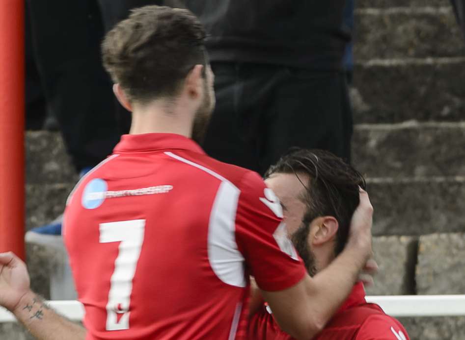 Dean Rance (7) celebrates with Fleet match-winner Sam Deering Picture: Andy Payton