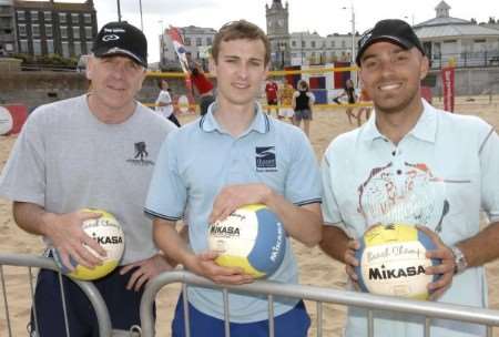 Coach Tom Middleton, Martin Cassell and coach Mark Kontopoulos at the volleyball event in Margate