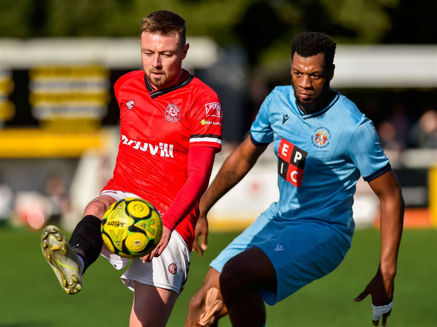 Chatham’s Freddie Sears gets ahead of Slough on Saturday. Picture: Ian Scammell