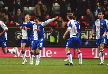 Blackburn's David Thompson celebrates his superb equaliser. Picture: MATTHEW WALKER