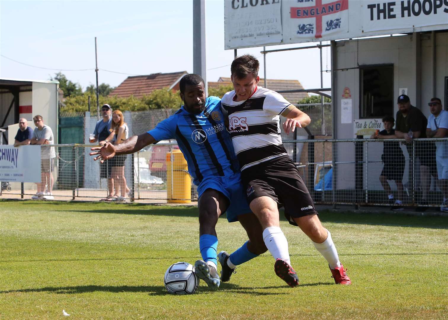 Deal's Riley Alford battles with Sevenoaks' Ryan Palmer during the weekend's friendly defeat for the Hoops. Picture: Paul Willmott